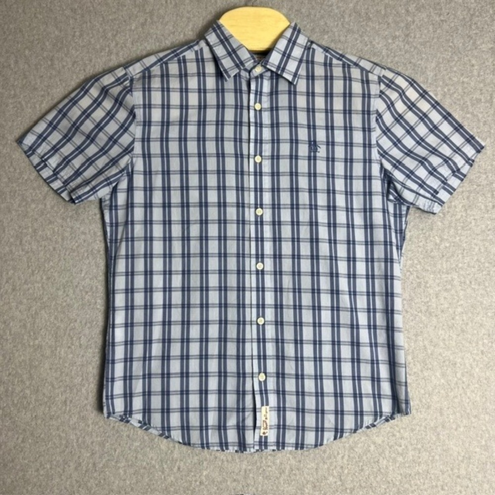 Penguin by Munsingwear Men's Blue Plaid Short Sleeve Button Up Shirt Size‎ Small